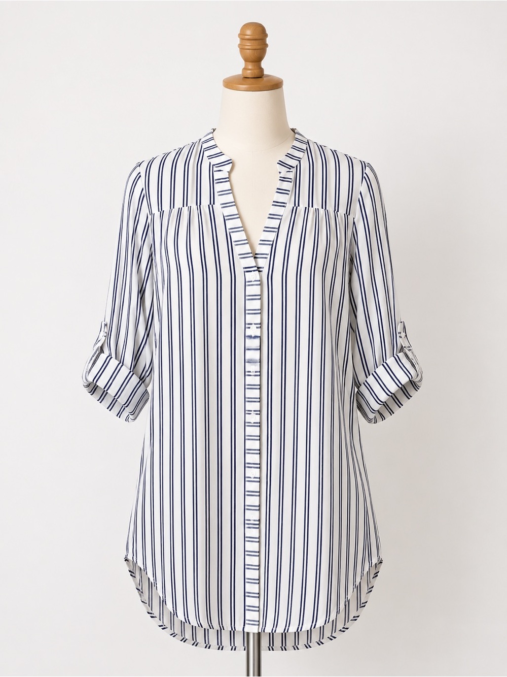 Passport White and Navy Vertical-Stripe Button Front Tunic